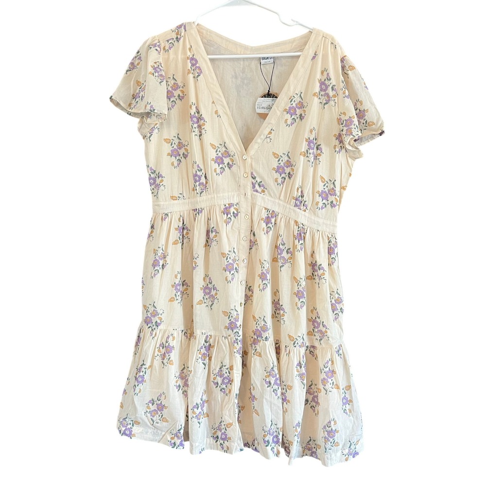 Bila 77 Monaco Floral Cotton Mini Dress Cream Purple Boho Button Front Large NEW